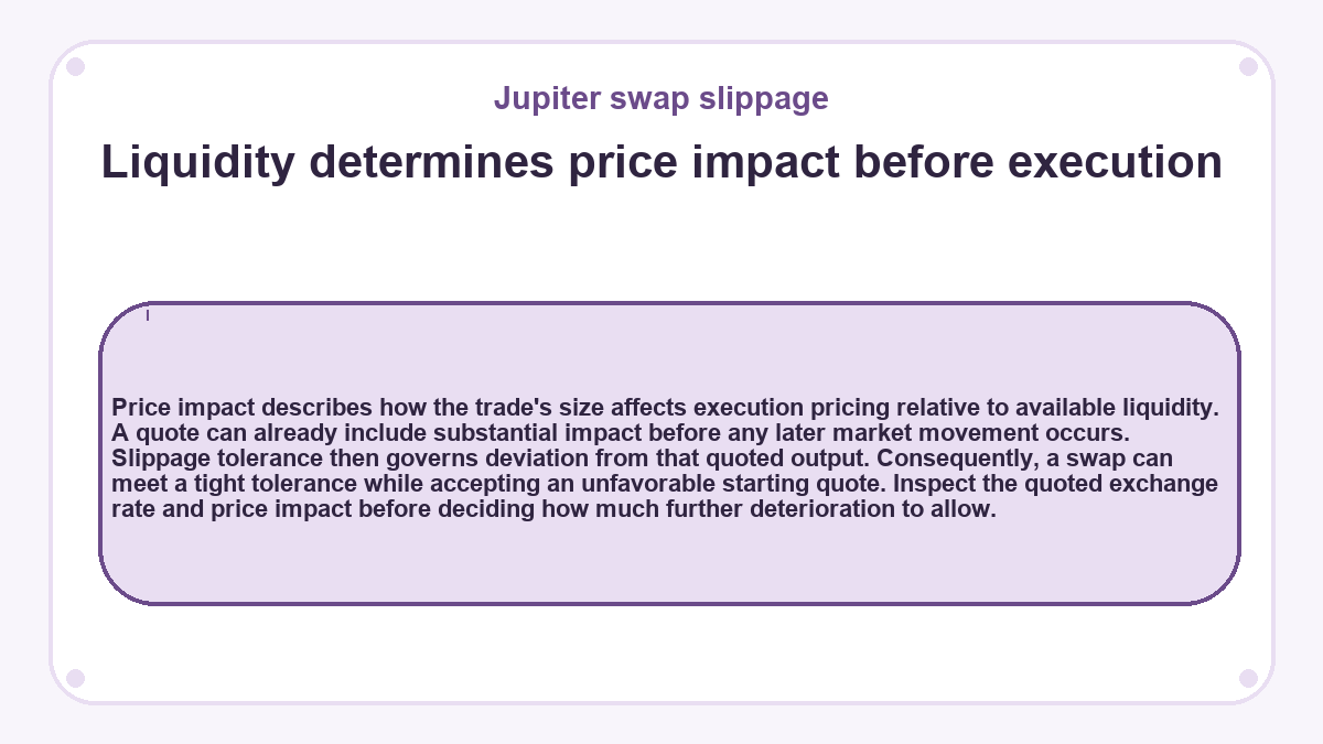 Liquidity determines price impact before execution: Price impact describes how the trade's size affects execution pricing relative to available liquidity. A quote can already include substantial impact before any later market movement occurs. Slippage tolerance then governs deviation from that quoted output. Consequently, a swap can meet a tight tolerance while accepting an unfavorable starting quote. Inspect the quoted exchange rate and price impact before deciding how much further deterioration to allow.